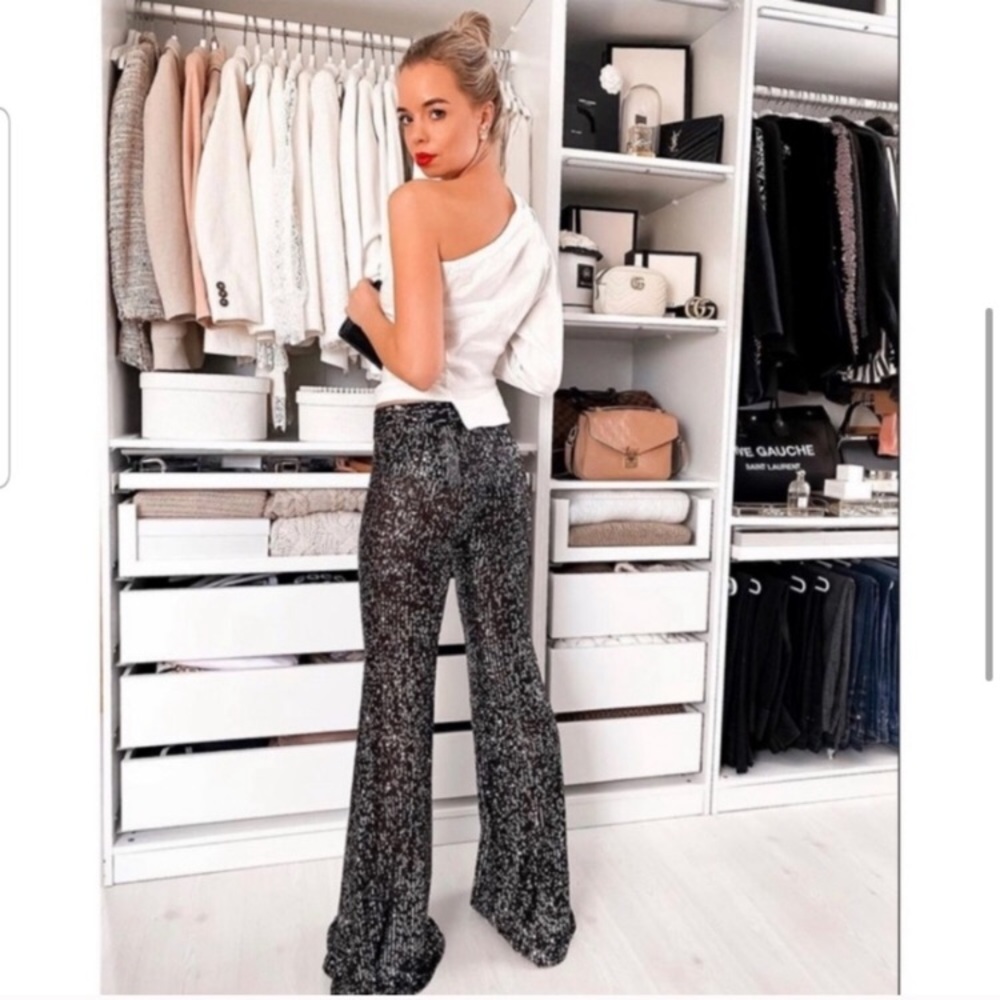 ZARA BLACK FLARED SEQUIN PANTS - Picture 3 of 5